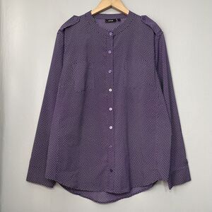 Preppy Band Collar Top Size Large Purple White Diamond Print Career Twee Smart